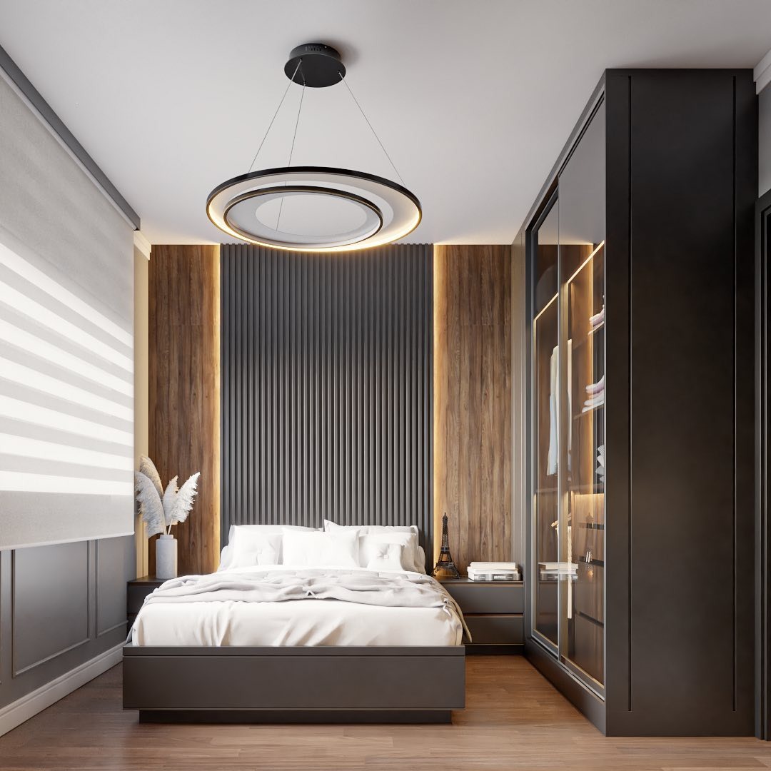 Dormitório com cama, cabeceira ripada e closet com iluminação